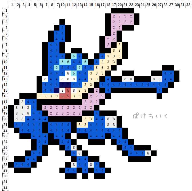 ポケモン「ゲッコウガ」のアイロンビーズ図案（かっこいい）