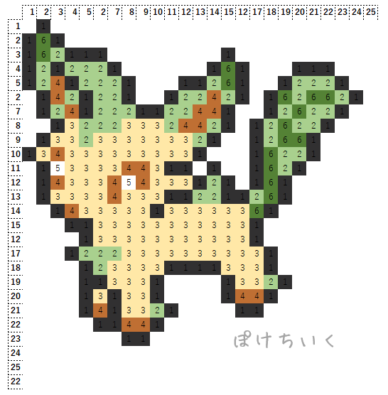 ポケモン「リーフィア」のアイロンビーズ図案（小さめ/簡単/かわいい）