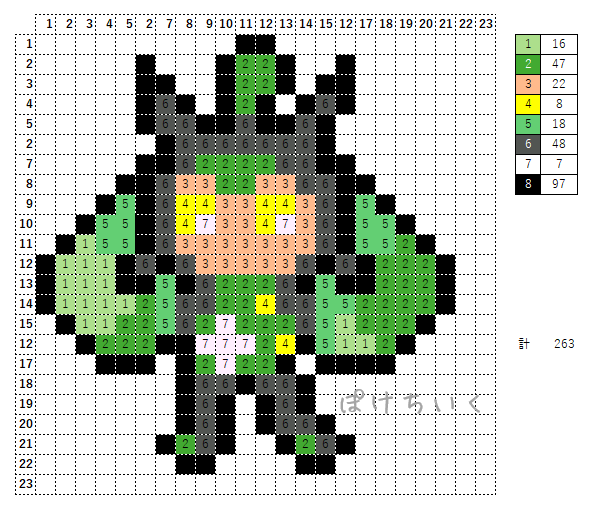 ポケモン「オーガポン」のアイロンビーズ／アクアビーズ図案（小さめ・簡単・かわいい）