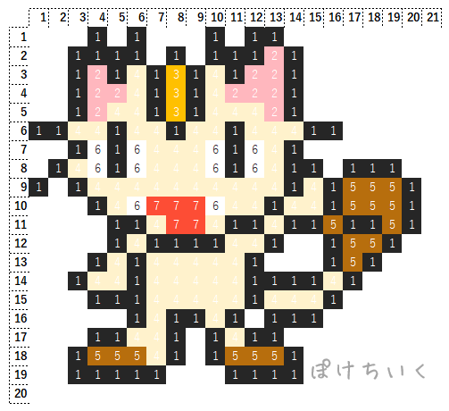 【ポケモン】ニャースのアイロンビーズ/アクアビーズ図案(小さめ・簡単・かわいい)